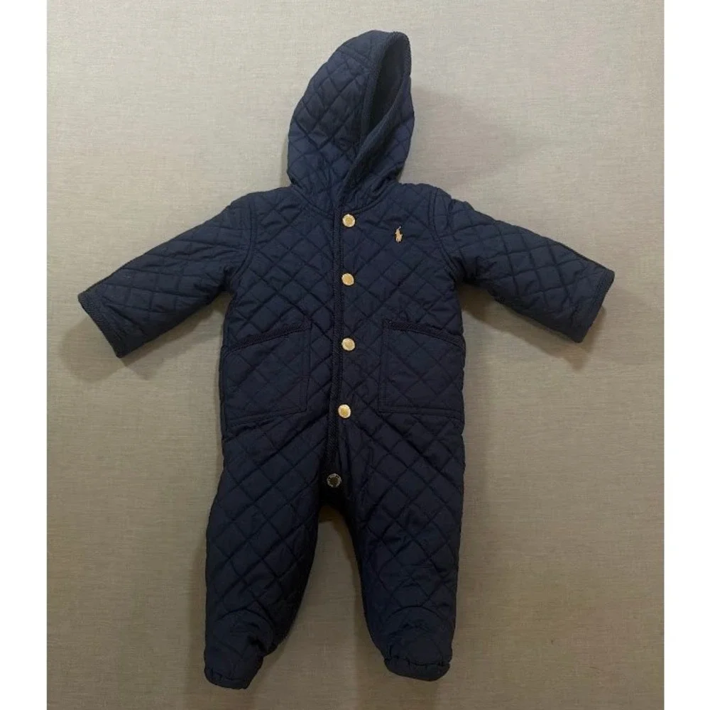 Ralph Lauren‎ Quilted Navy Blue Baby Snowsuit Pram Suit 3M Hooded Gold Buttons